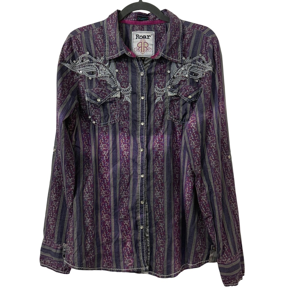 Roar Womens Purple Stripe Western Snap Shirt Rhinestone XL Y2K Grunge Western
